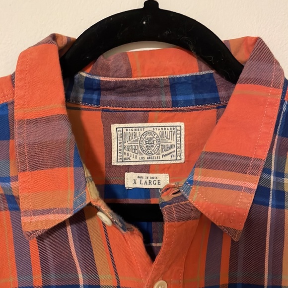 Lucky Brand Mens 100% cotton Button Up XL Orange Plaid Permanent Fit - Picture 2 of 5